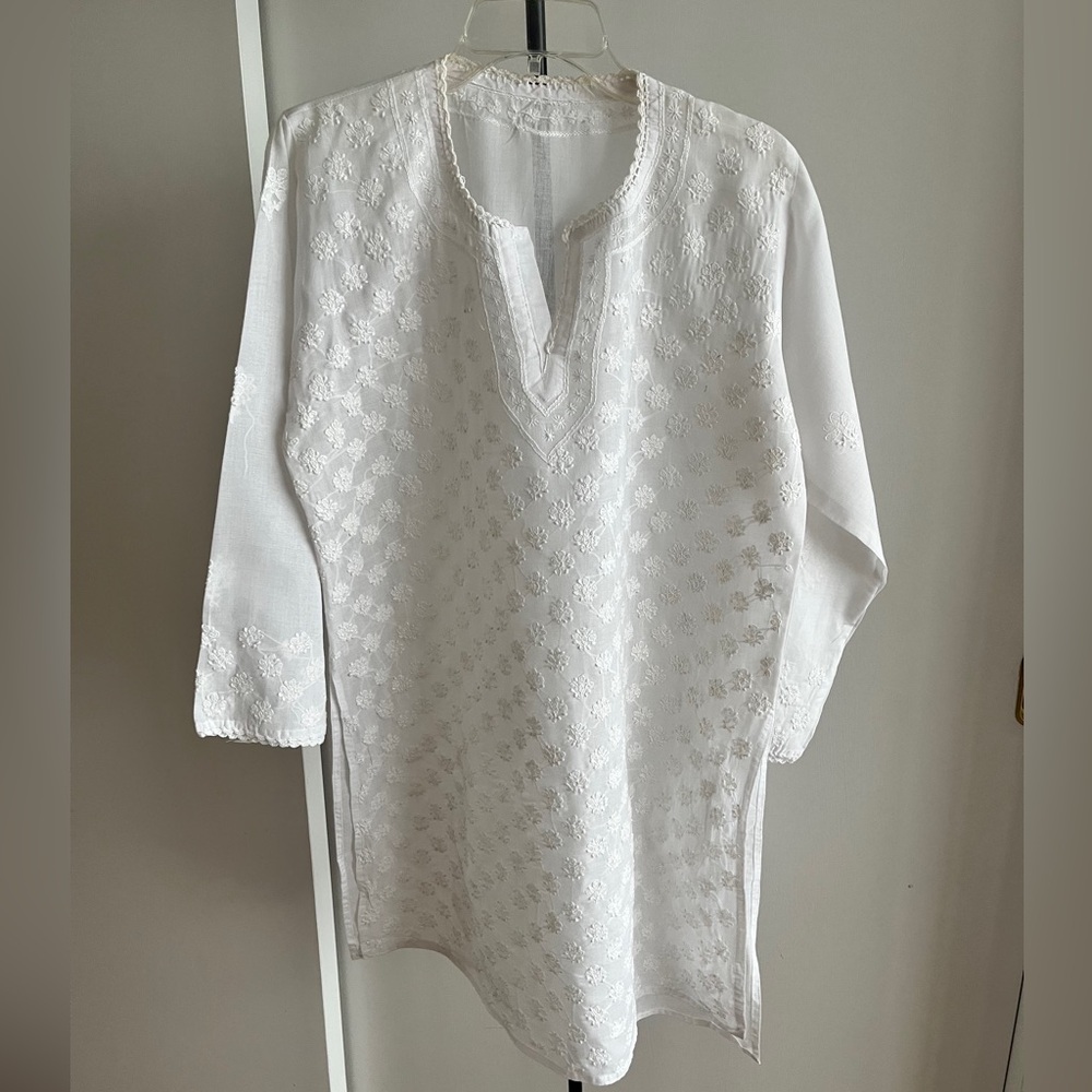 New Unique Fabindia Style Dress Tunic Top Hand Embroidered Lucknow Chikan White